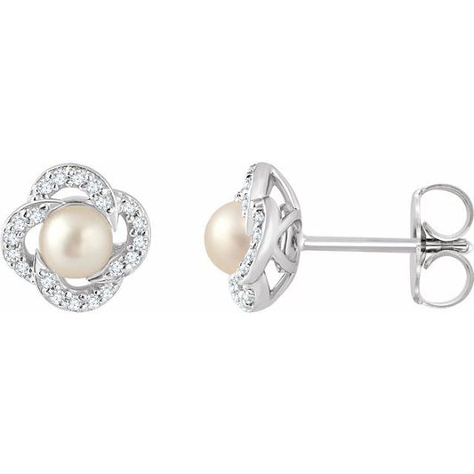 14K White Gold 4 Mm Friction Backs Polished Cultured White Freshwater Pearl Youth Hoop Earrings