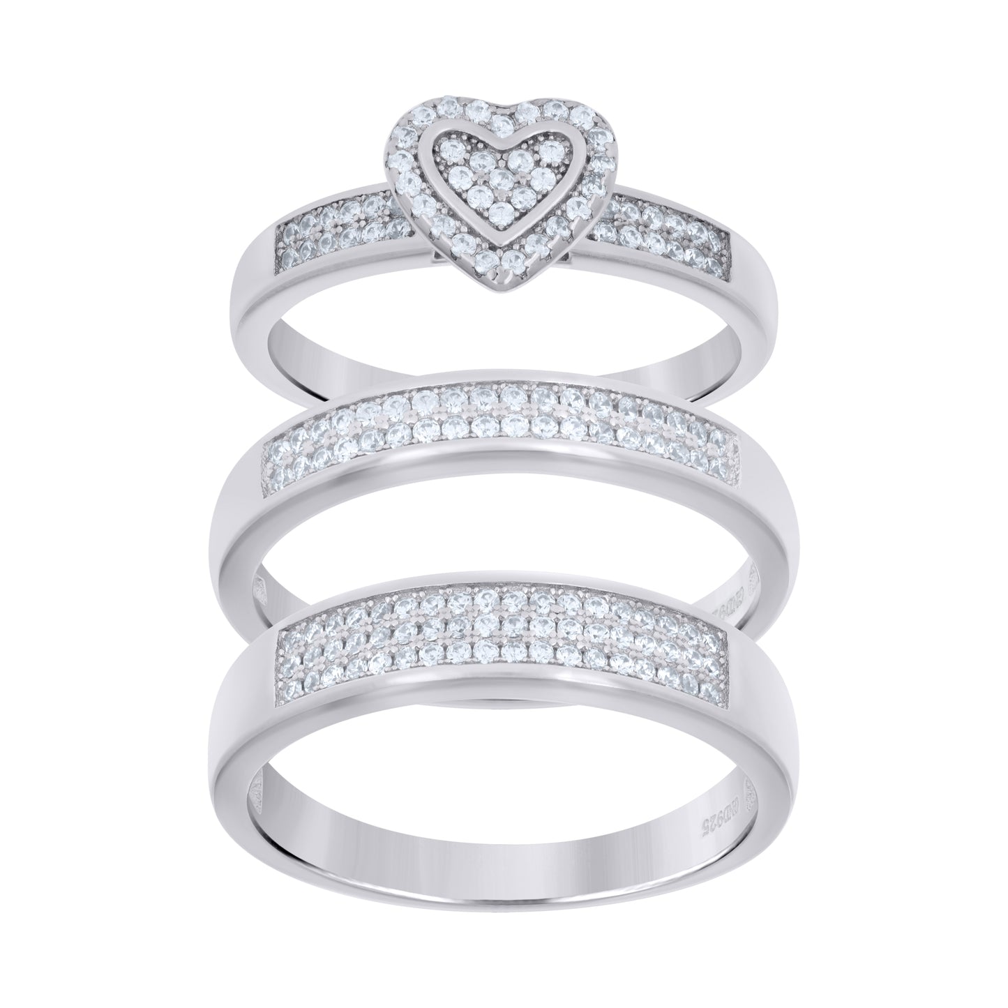Sterling Silver White Cubic-Zirconia Heart Trio Bridal Anniversary Wedding Engagement Band Ring