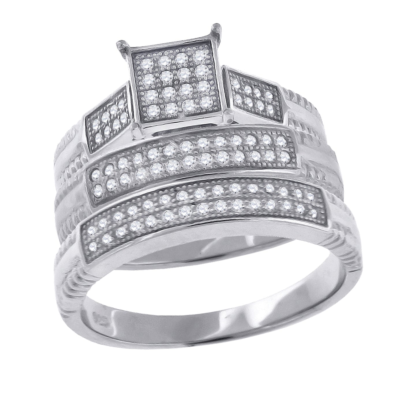 Sterling Silver Cubic-Zirconia Square Head Trio Bridal Anniversary Wedding Engagement Band Ring Set