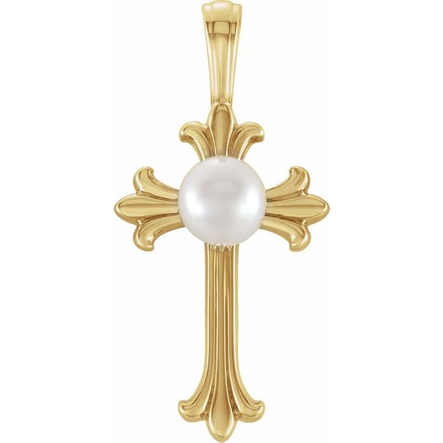 14K Yellow Gold 4.0-4.5 Mm Polished Cultured White Freshwater Pearl Cross Pendant