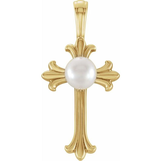 14K Yellow Gold 4.0-4.5 Mm Polished Cultured White Freshwater Pearl Cross Pendant