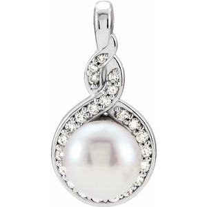 Sterling Silver Pearl 6.5Mm G-H I1 Cultured White Akoya Pearl And 1/10 Ctw Natural Diamond Pendant
