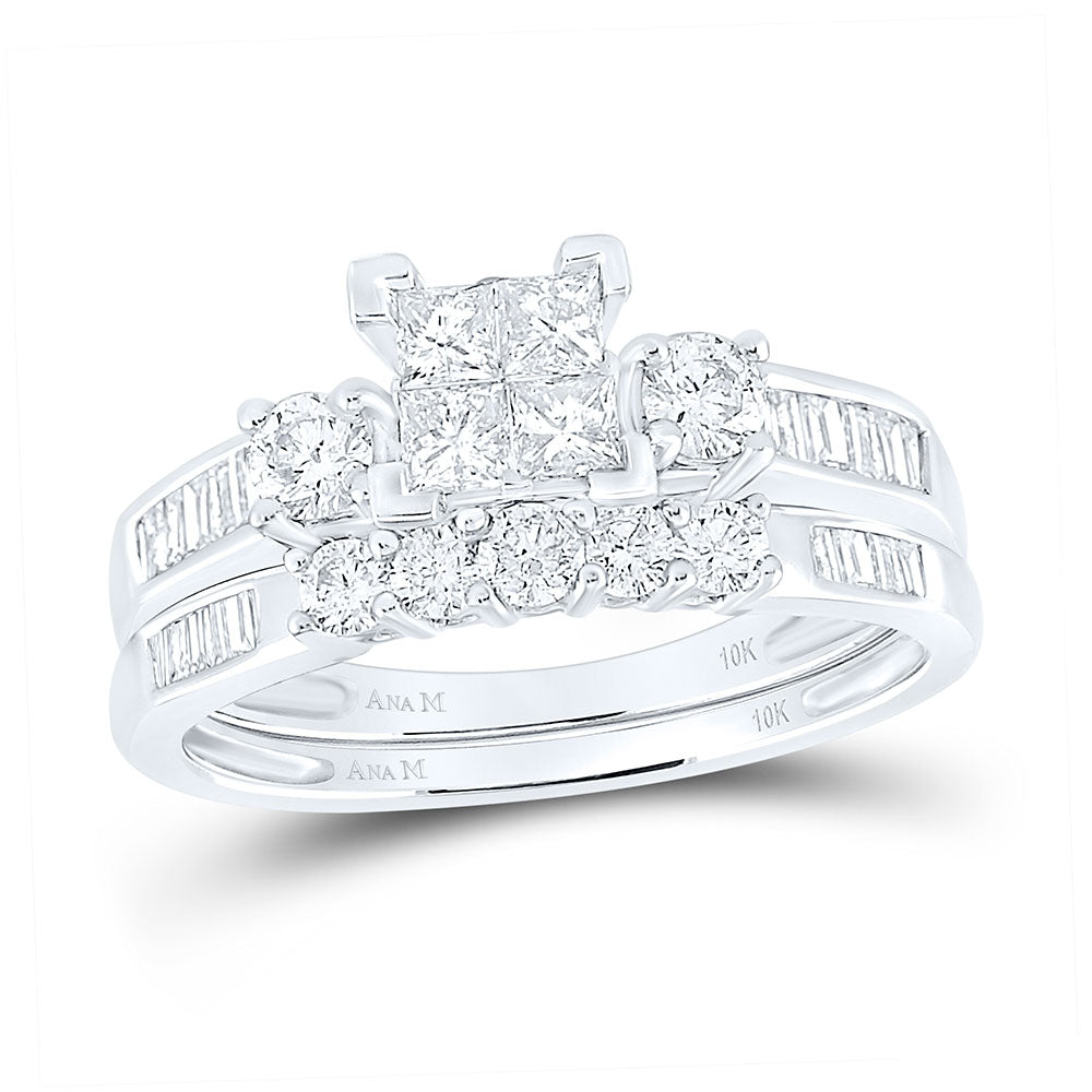 10K White Gold Womens Princess Diamond Bridal Wedding Ring Band Set 1.00 Cttw, Womens Size: 5-10