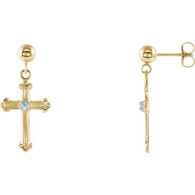 14K Yellow/White Gold 1.7 Mm Round Friction Back Polished .04 Ctw Natural Diamond Cross And Ball Dangle Earrings