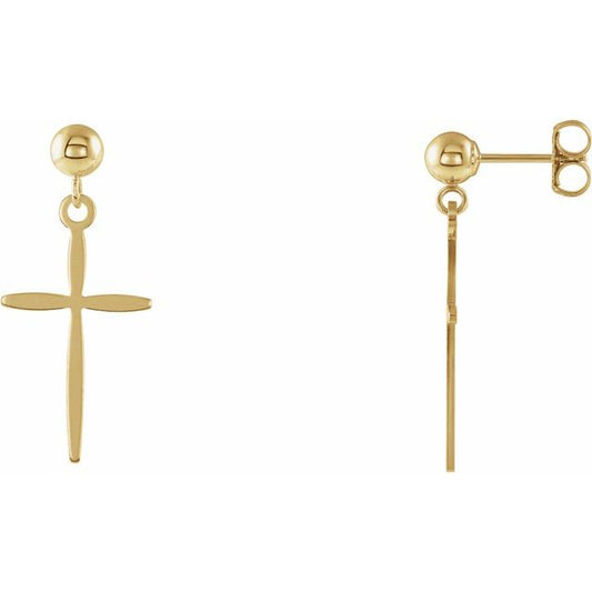 14K Yellow Gold 17 X 11 Mm Each Friction Back Polished Cross Ball Dangle Earring