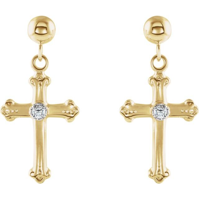 14K Yellow/White Gold 1.7 Mm Round Friction Back Polished .04 Ctw Natural Diamond Cross And Ball Dangle Earrings