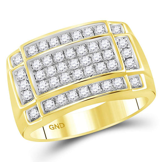 10K Yellow Gold Mens Round Diamond Rectangle Cluster Ring 1 Cttw, Mens Size: 7-13