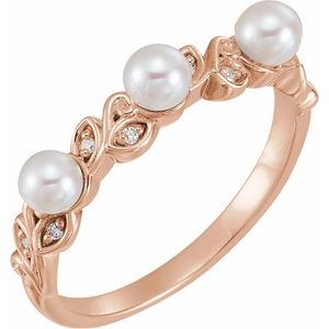 14K Rose Gold   3.5 Mm  Polished Cultured White Seed Pearl And .03 Ctw Natural Diamond Stackable Leaf Pattern Ring Size 7
