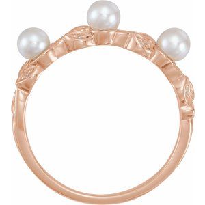 14K Rose Gold   3.5 Mm  Polished Cultured White Seed Pearl And .03 Ctw Natural Diamond Stackable Leaf Pattern Ring Size 7