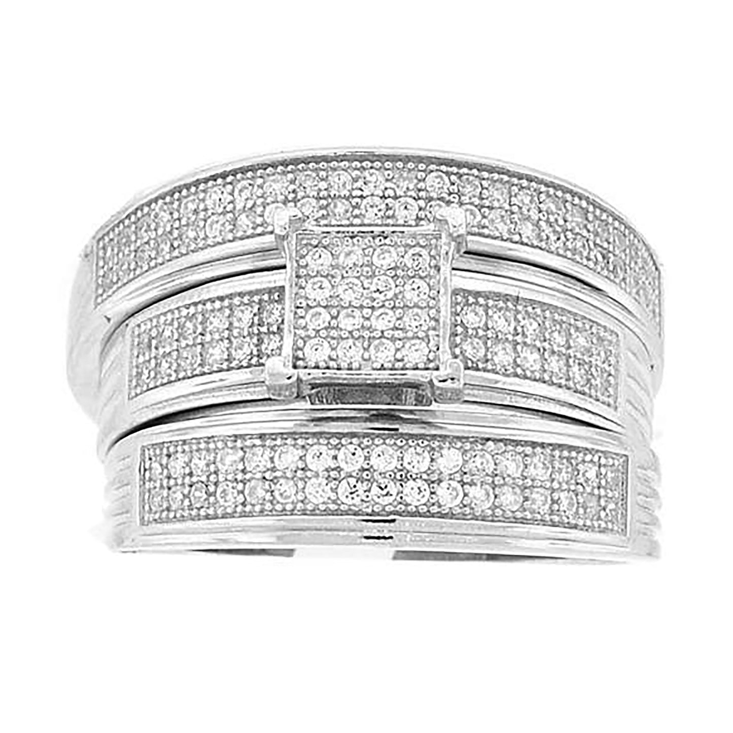 Sterling Silver Cubic-Zirconia Square Head Trio Bridal Anniversary Wedding Engagement Band Ring Set