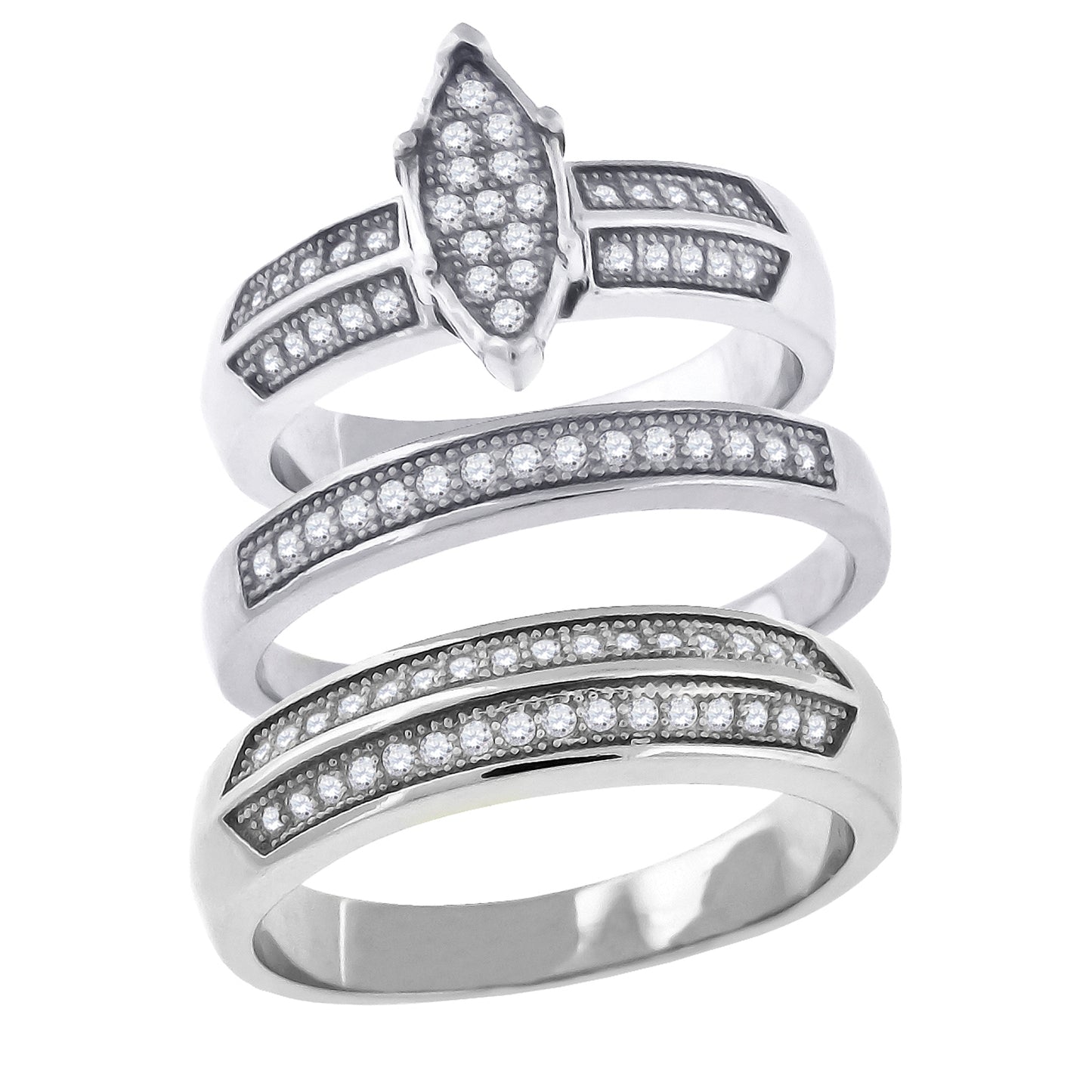Sterling Silver Cubic-Zirconia Marquise Head Trio Bridal Anniversary Wedding Engagement Band Ring Set