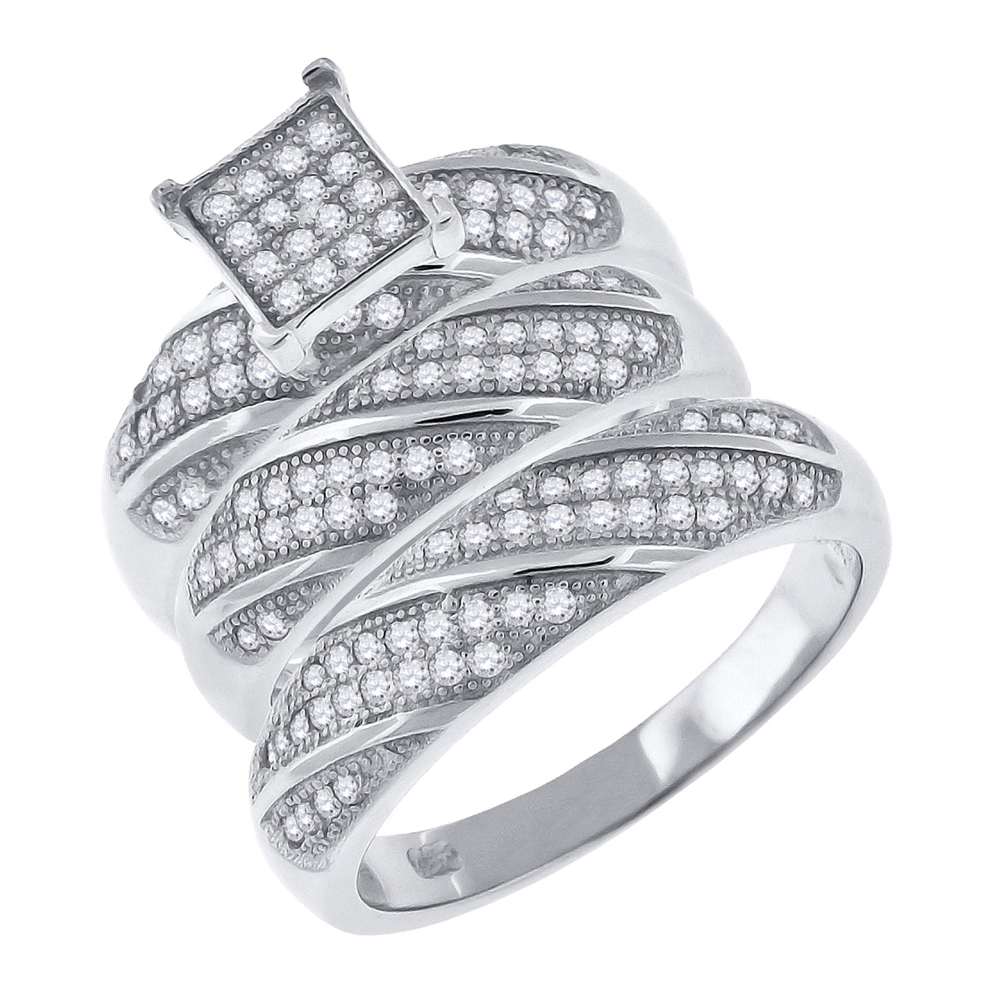 Sterling Silver Cubic-Zirconia Square Head Trio Bridal Anniversary Wedding Engagement Band Ring Set