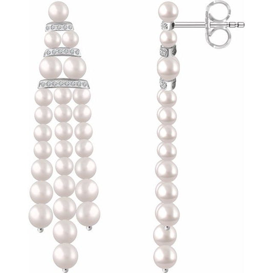 14K White Gold Pair Friction Back Polished Cultured White Freshwater Pearl And 1/4 Ctw Natural Diamond Earrings