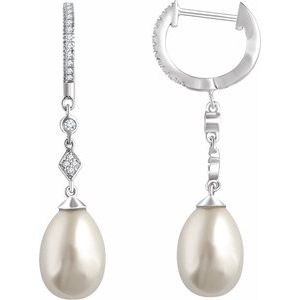14K White Gold Pearl 12 X 8 Mm Cultured White Freshwater Pearl And 1/6 Ctw Natural Diamond Earrings