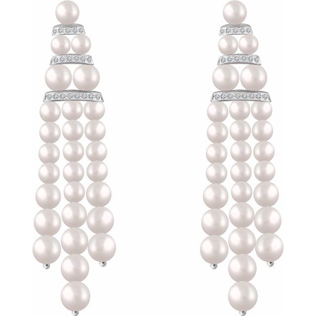 14K White Gold Pair Friction Back Polished Cultured White Freshwater Pearl And 1/4 Ctw Natural Diamond Earrings