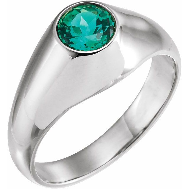 14K White Gold Round 6.5 Mm Polished Lab-Grown Emerald Ring, Size 10.5