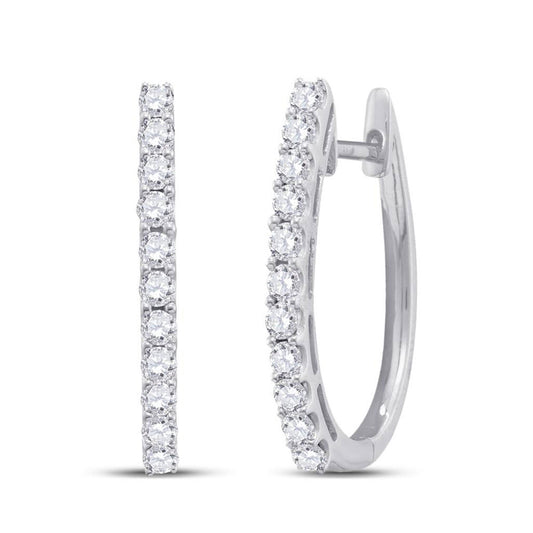 14K White Gold Womens Round Diamond Single Row Hoop Earrings 1 Cttw