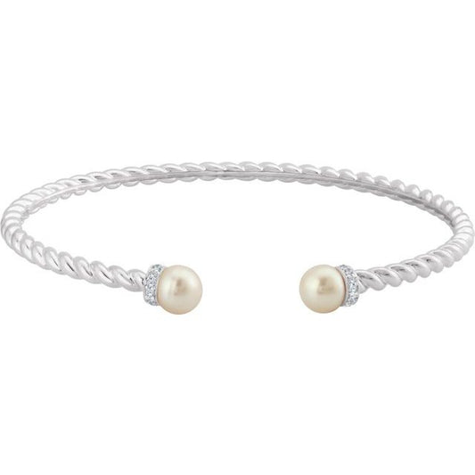 14K White Gold I1, H-I 7 In Polished Cultured White Freshwater Pearl And 1/10 Ctw Natural Diamond Cuff Bracelet
