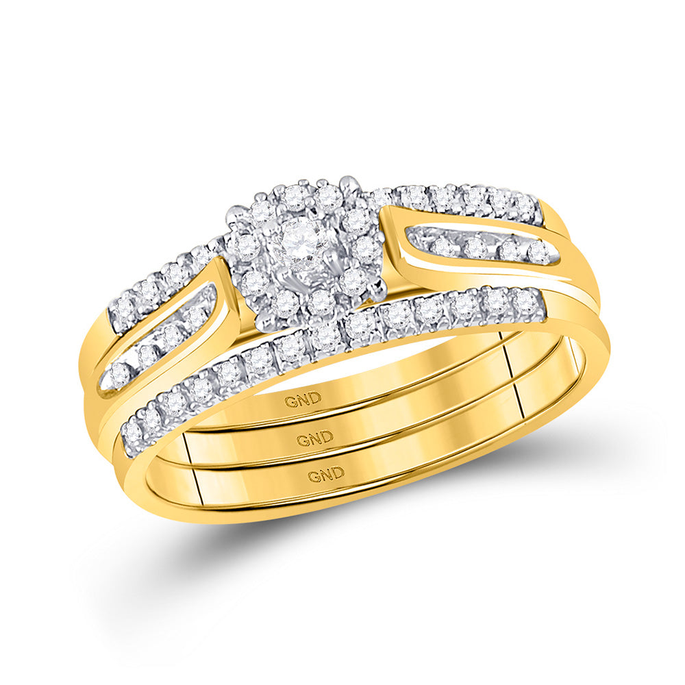14K Yellow Gold Round Diamond 3-Piece Bridal Wedding Ring Band Set 1/4 Cttw, Womens Size: 5-10