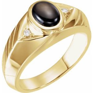 14K Yellow Gold Oval 8 X 6 Mm Natural Blackstar Sapphire And .04 Ctw Natural Diamond Ring Size 10.25