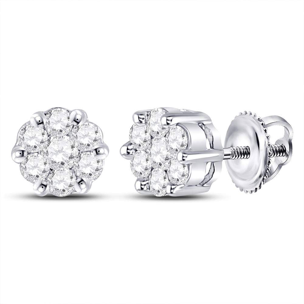 10K White Or Yellow Gold Womens Round Diamond Flower Cluster Earrings