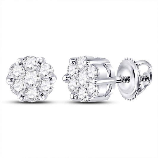10K White Or Yellow Gold Womens Round Diamond Flower Cluster Earrings