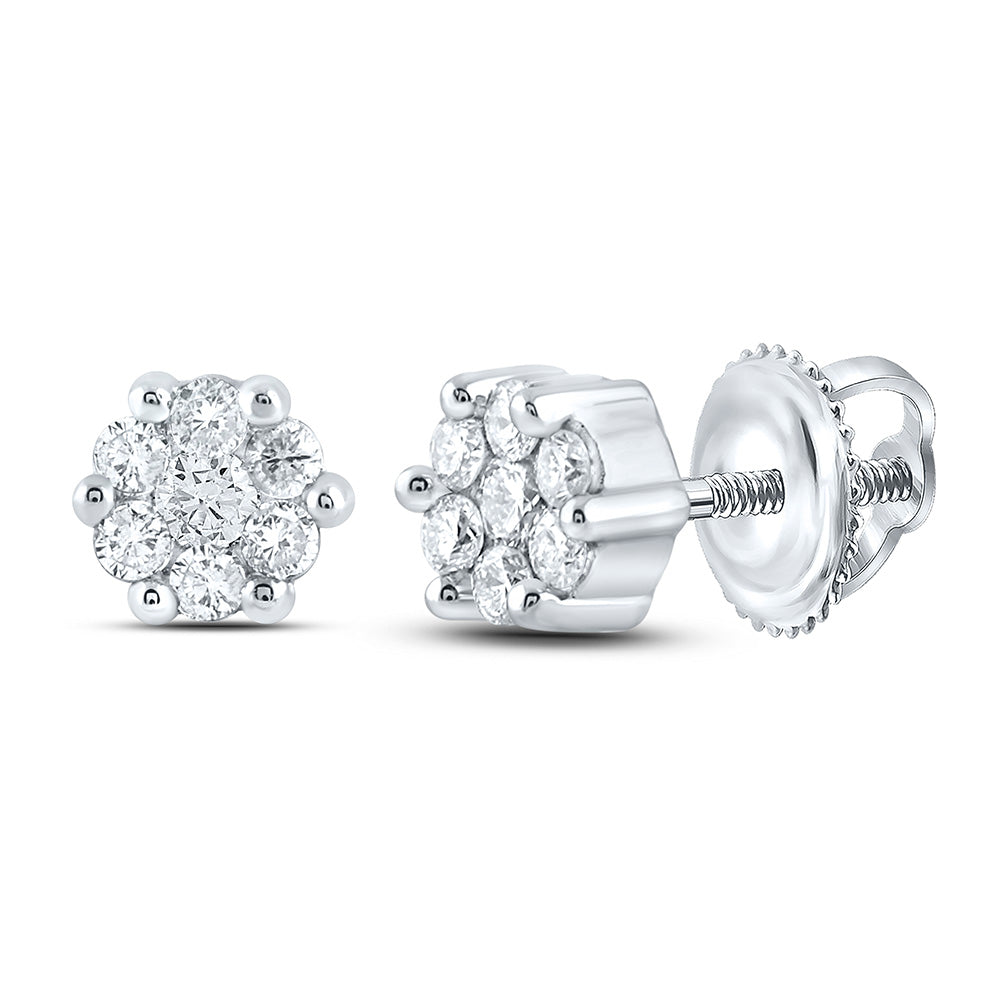 10K White Or Yellow Gold Womens Round Diamond Flower Cluster Earrings