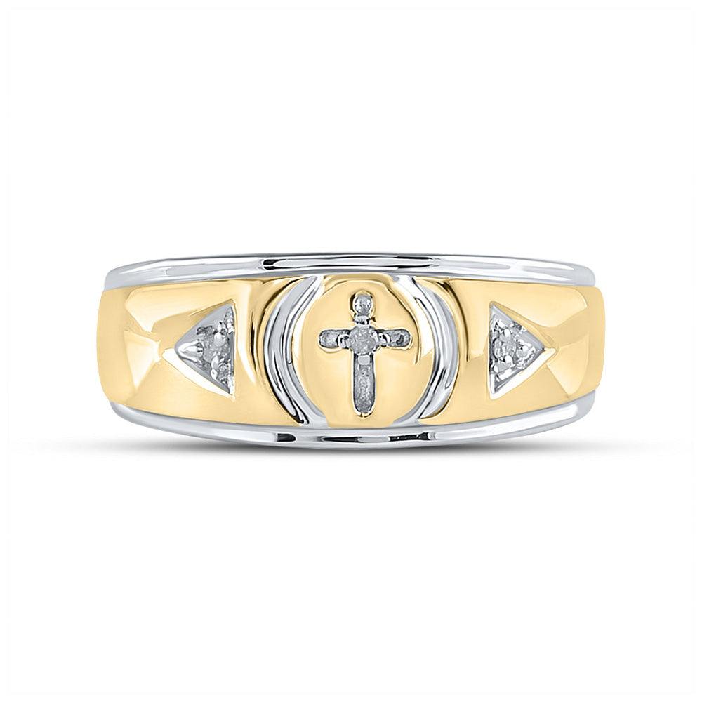 Yellow-tone Sterling Silver Mens Round Diamond Cross Wedding Band Ring 1/20 Cttw, Mens Size: 7-13