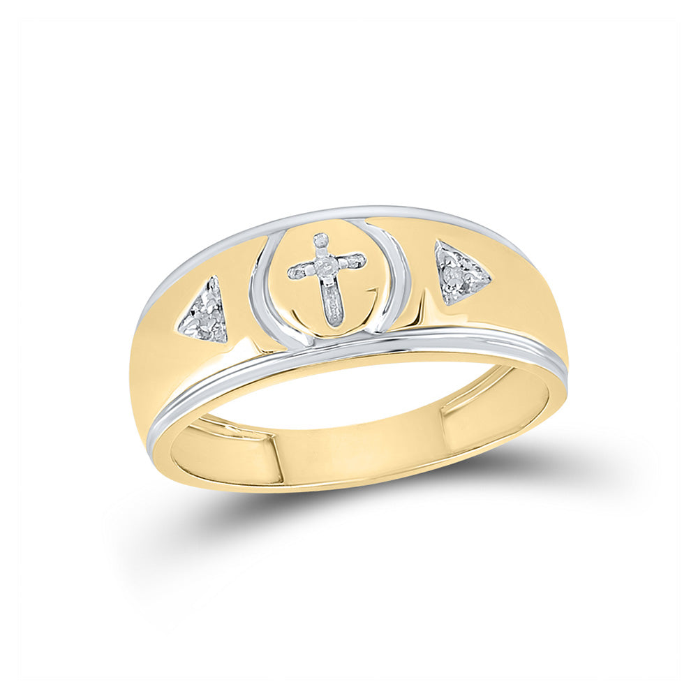 Yellow-tone Sterling Silver Mens Round Diamond Cross Wedding Band Ring 1/20 Cttw, Mens Size: 7-13