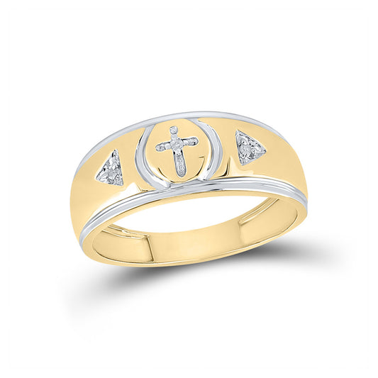 Yellow-tone Sterling Silver Mens Round Diamond Cross Wedding Band Ring 1/20 Cttw, Mens Size: 7-13