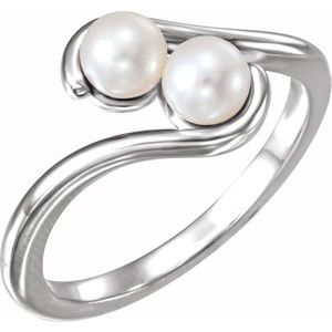 14K White Gold 4.5-5.0 Mm Polished Cultured White Freshwater Pearl 2-Stone Ring Size 7