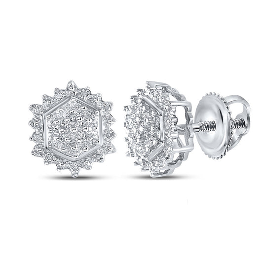 Sterling Silver Or Yellow-Tone Sterling Silver Womens Round Diamond Hexagon Earrings 1/10 Cttw