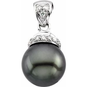 14K White Gold Pearl 9Mm H-I I1 Cultured Black Freshwater Pearl And .07 Ctw Natural Diamond Pendant