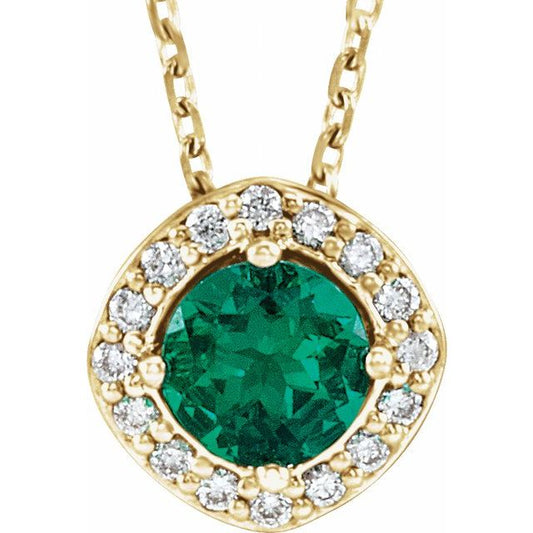 14K Yellow Gold Round 5Mm I1, G-H 16-18 In Polished Lab-Grown Emerald And .08 Ctw Natural Diamond Necklace