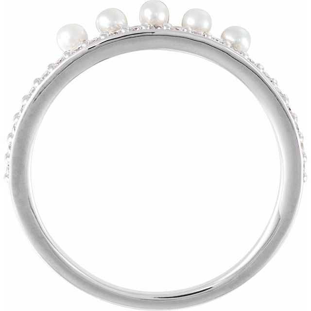 14K White Gold 2 Mm Polished Cultured White Freshwater Pearl And 1/5 Ctw Natural Diamond Stackable Ring, Size 7