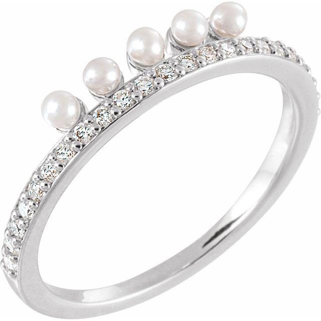 14K White Gold 2 Mm Polished Cultured White Freshwater Pearl And 1/5 Ctw Natural Diamond Stackable Ring, Size 7