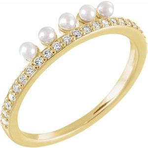 14K Yellow Gold Cultured White Freshwater Pearl & 2 Mm 1/5 CTW Natural Diamond Stackable Ring   Size 7