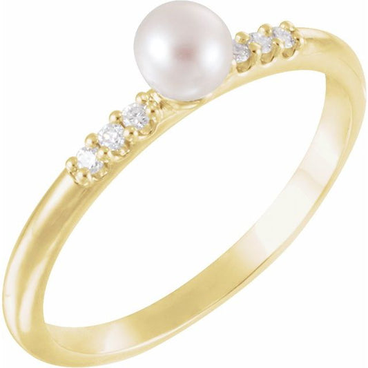 14K Yellow Gold 4.0-4.5 Mm Polished Cultured White Freshwater Pearl And .05 Ctw Natural Diamond Stackable Ring, Size 7