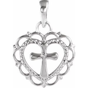 14K White Gold 15.5 X 11.7 Mm Polished Heart With Cross Youth Pendant