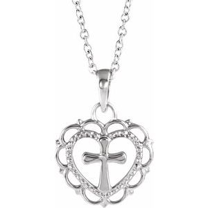 Sterling Silver 15.5 X 11.7 Mm 16-18 In Polished Heart With Cross Youth Necklace