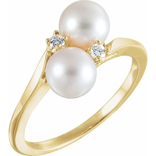14K Yellow Gold 6 Mm Polished Cultured White Akoya Pearl And .06 Ctw Natural Diamond Ring, Size 6