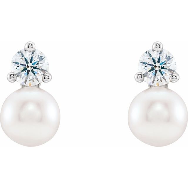 14K White Or Rose Gold 6.0-6.5 Mm Friction Backs Polished Cultured White Freshwater Pearl And 1/2 Ctw Natural Diamond Earrings