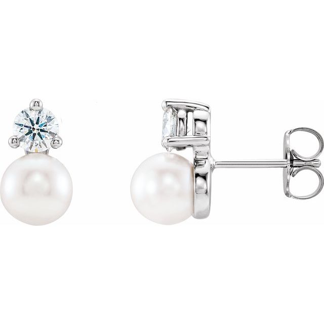 14K White Or Rose Gold 6.0-6.5 Mm Friction Backs Polished Cultured White Freshwater Pearl And 1/2 Ctw Natural Diamond Earrings