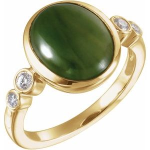 14K Yellow Gold Oval 12 X 10 Mm Natural Nephrite Jade And 1/6 Ctw Natural Diamond Ring Size 7