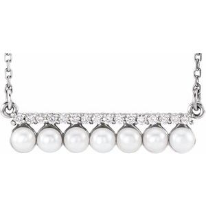 14K White Gold Pearl 3Mm G-H I1 Cultured White Freshwater Pearl And 1/8 Ctw Natural Diamond Bar Necklace, Length: 18 In