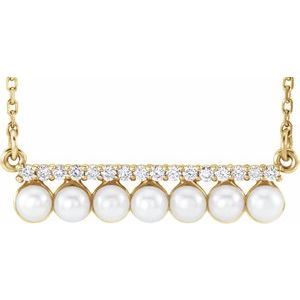 14K Yellow Gold Pearl 3Mm G-H I1 Cultured White Freshwater Pearl And 1/8 Ctw Natural Diamond Bar Necklace, Length: 18 In