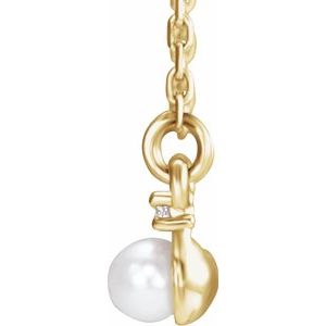 14K Yellow Gold Pearl 3Mm G-H I1 Cultured White Freshwater Pearl And 1/8 Ctw Natural Diamond Bar Necklace, Length: 18 In