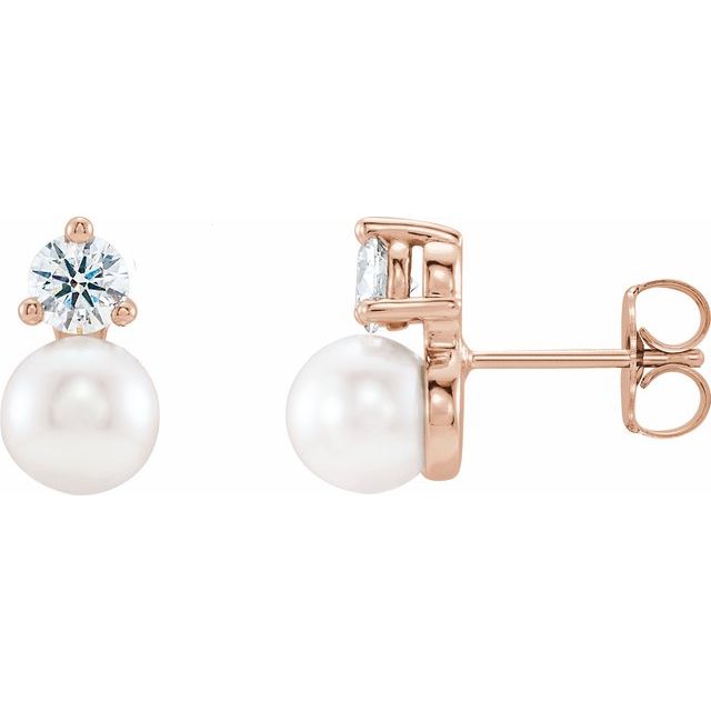 14K White Or Rose Gold 6.0-6.5 Mm Friction Backs Polished Cultured White Freshwater Pearl And 1/2 Ctw Natural Diamond Earrings