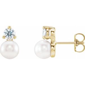 14K Yellow Gold Pearl 4.0-4.5 Mm Cultured White Freshwater Pearl And 1/8 Ctw Natural Diamond Earrings