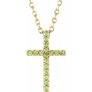 14K Yellow Gold Round 1 Mm  Natural Peridot Petite Cross Necklace, Length: 16 In